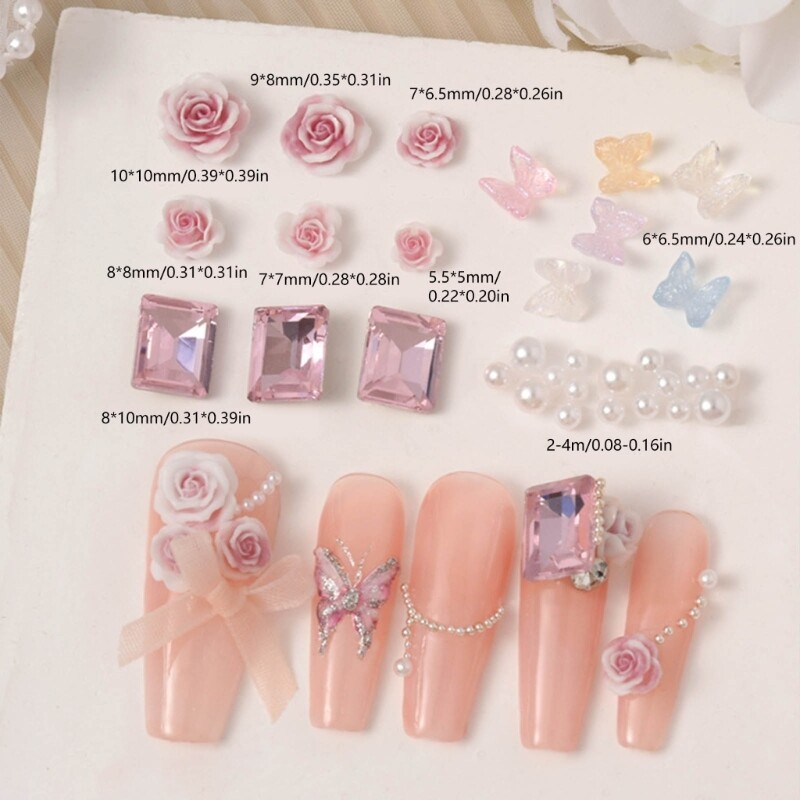 Crystal Rhinestones Pearls Beads 3D Flowers Nails Art Gift