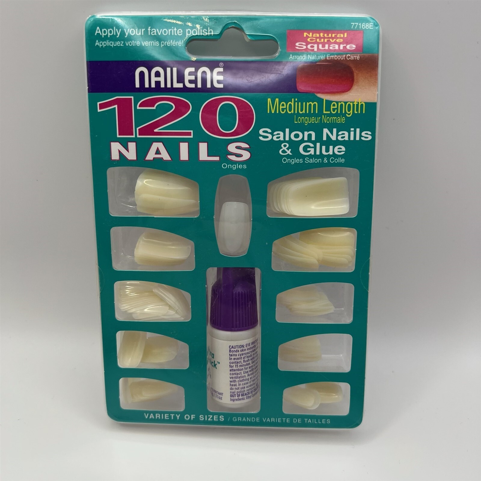 Nailene 120 Nails w/ Glue Medium Length Natural Curve Square 77168E NEW