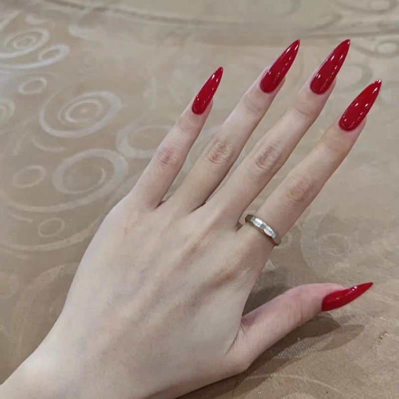 48Pcs-Bright Red Gloss Press on Nails Extra Long Stiletto Solid Color Manicure