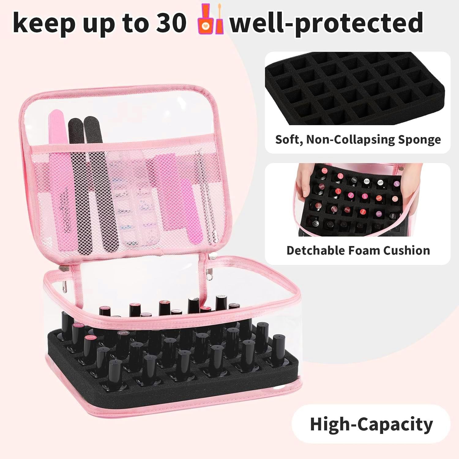Beloving Clear Nail Polish Organizer Holds 30 Bottles PVC Nail Polish Case Se…