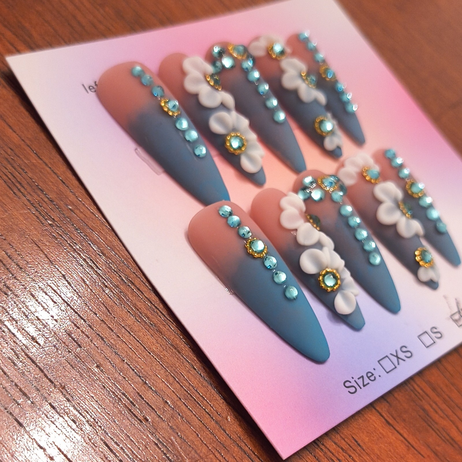 Press-On Nails Medium Stiletto Blue Pink Ombre 3D Flower Pre-Designed Medium