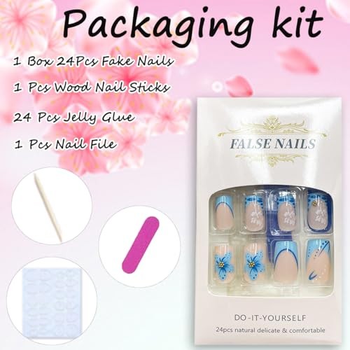 Set of 24 Short Square Fake Blue French Tip Nails – 6 Pieces