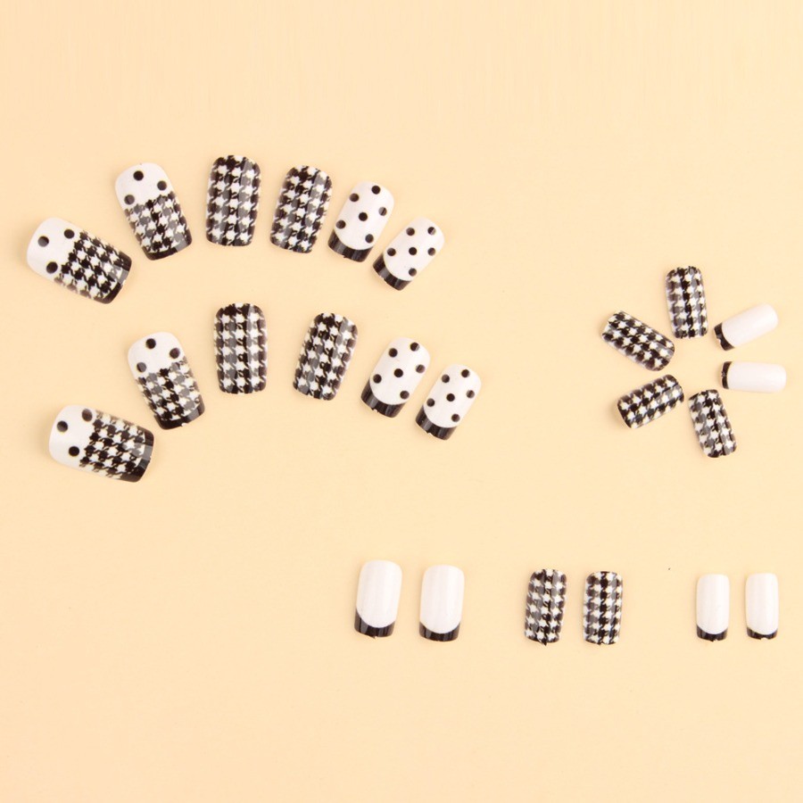 48Pcs-Medium Square Black White Houndstooth Polka Dot French Press on Nails Set