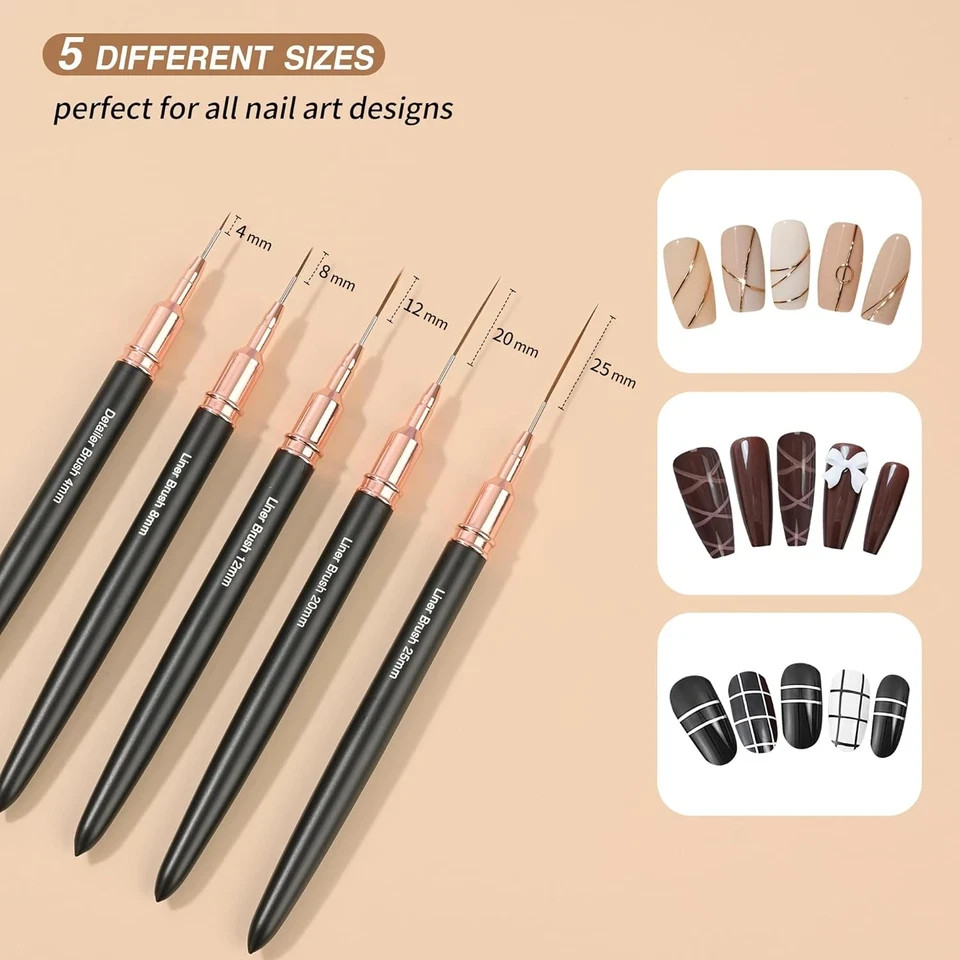 Metallic Nail Art Brushes, 5Pcs Nail Art Liner Brushes, Painting Art Design Brus
