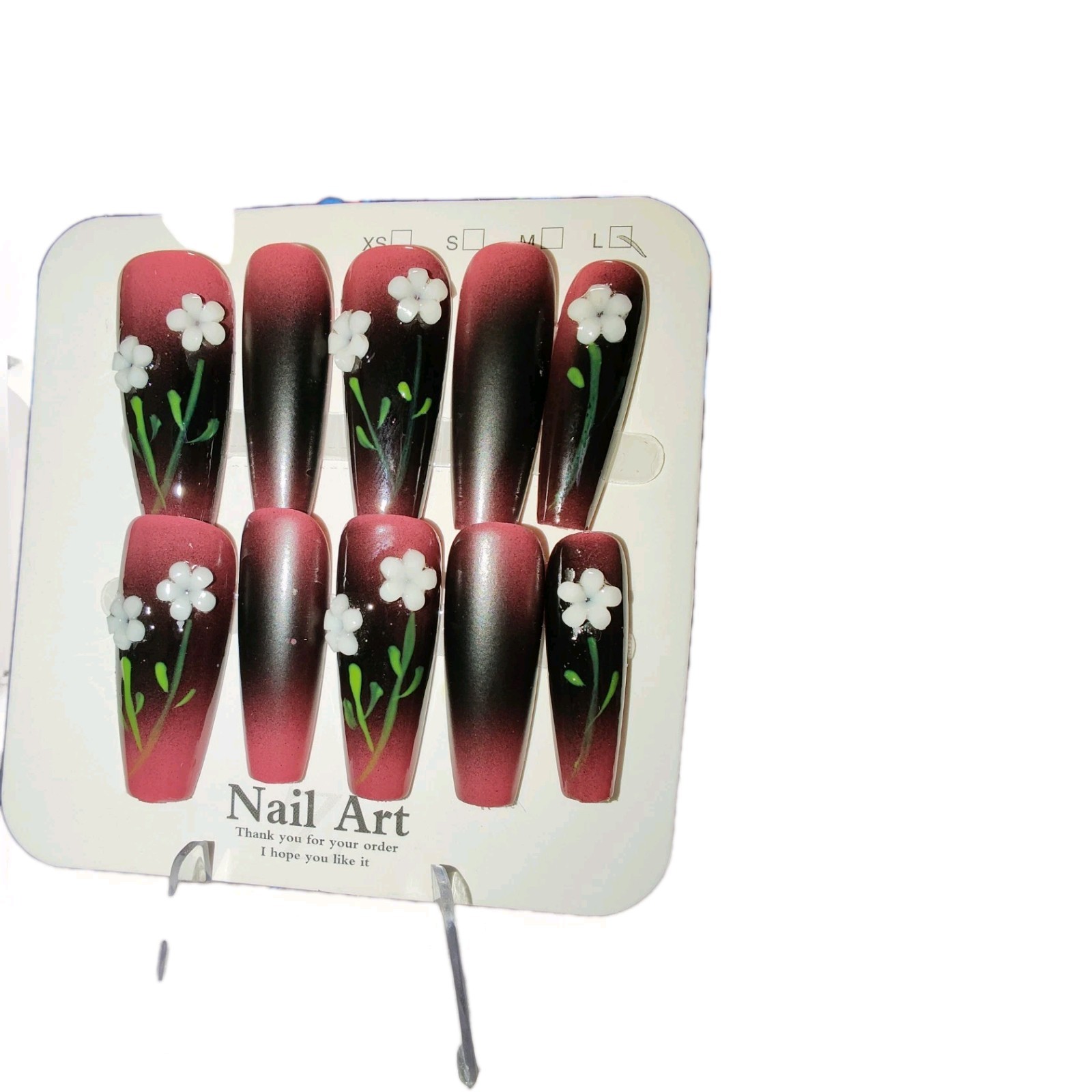 Red Black White Green 3D Flower Long Coffin Press-On Nails Full Cover