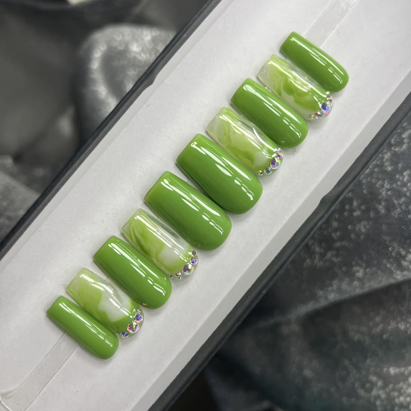 🍏 CUSTOM Gel Press On Nails, GREEN W/ BLING, 10p Set, FULL KIT, Medium Square