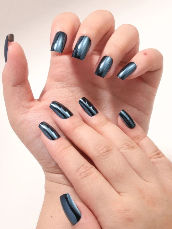 Beautiful Nails Dark Teal Green (Gunmetal) Chrome Mirror glue on Medium Length