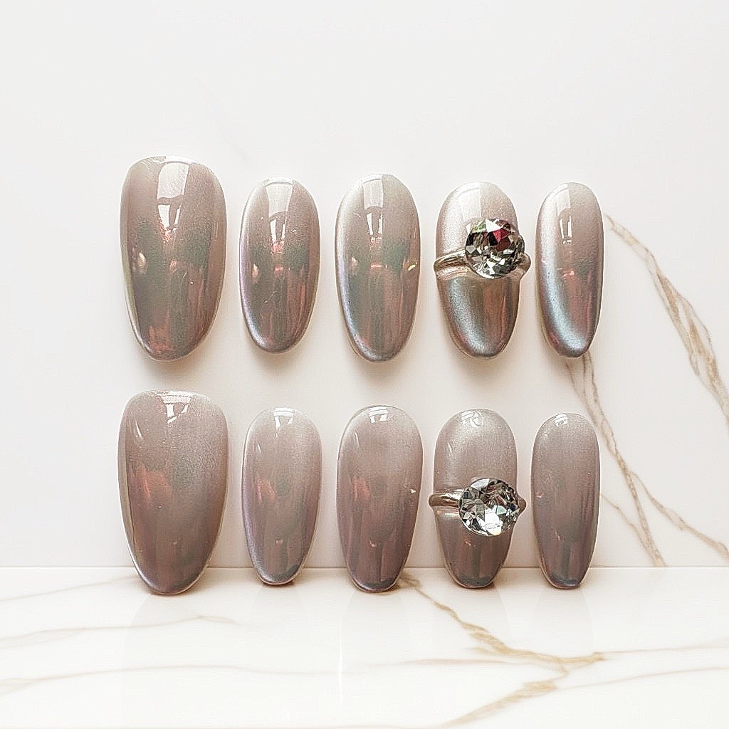 10pcs Handmade Light-Pink Gradient Cat-Eye Press-On Nails Medium Oval, XSSML