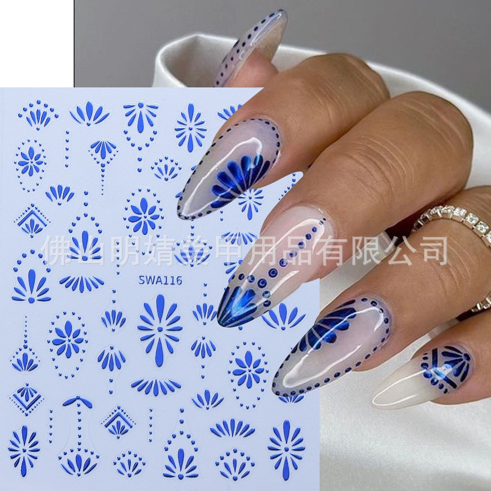 3 Sheets Bohemian Style Nail Stickers Gold Silver Blue Flower Petals Line NH28