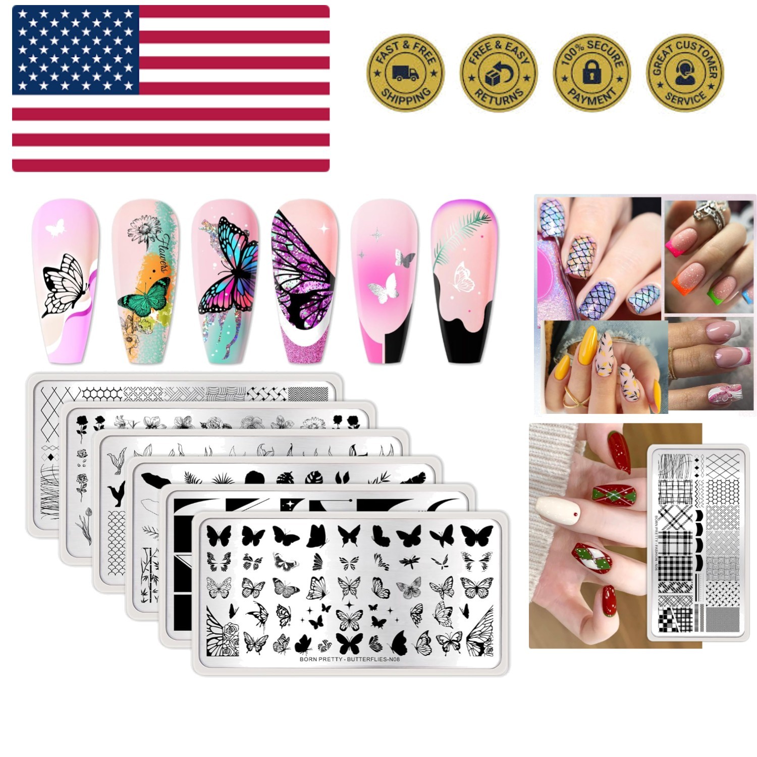 Nail Stamping Plates Set Nail Art Image Plates Plaid Flowers Leaves Geometric…