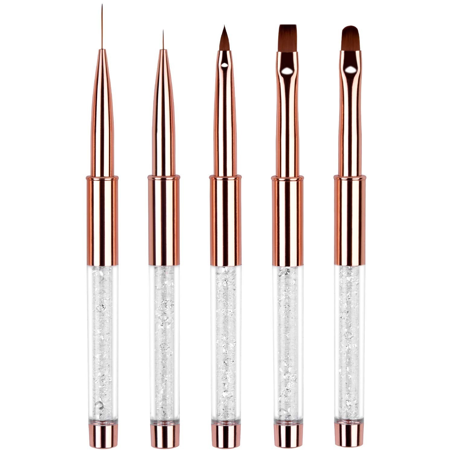 5pc Nail Art Brush Set – Rose Gold Rhinestone Handles, Gel Polish & Liner Brushe