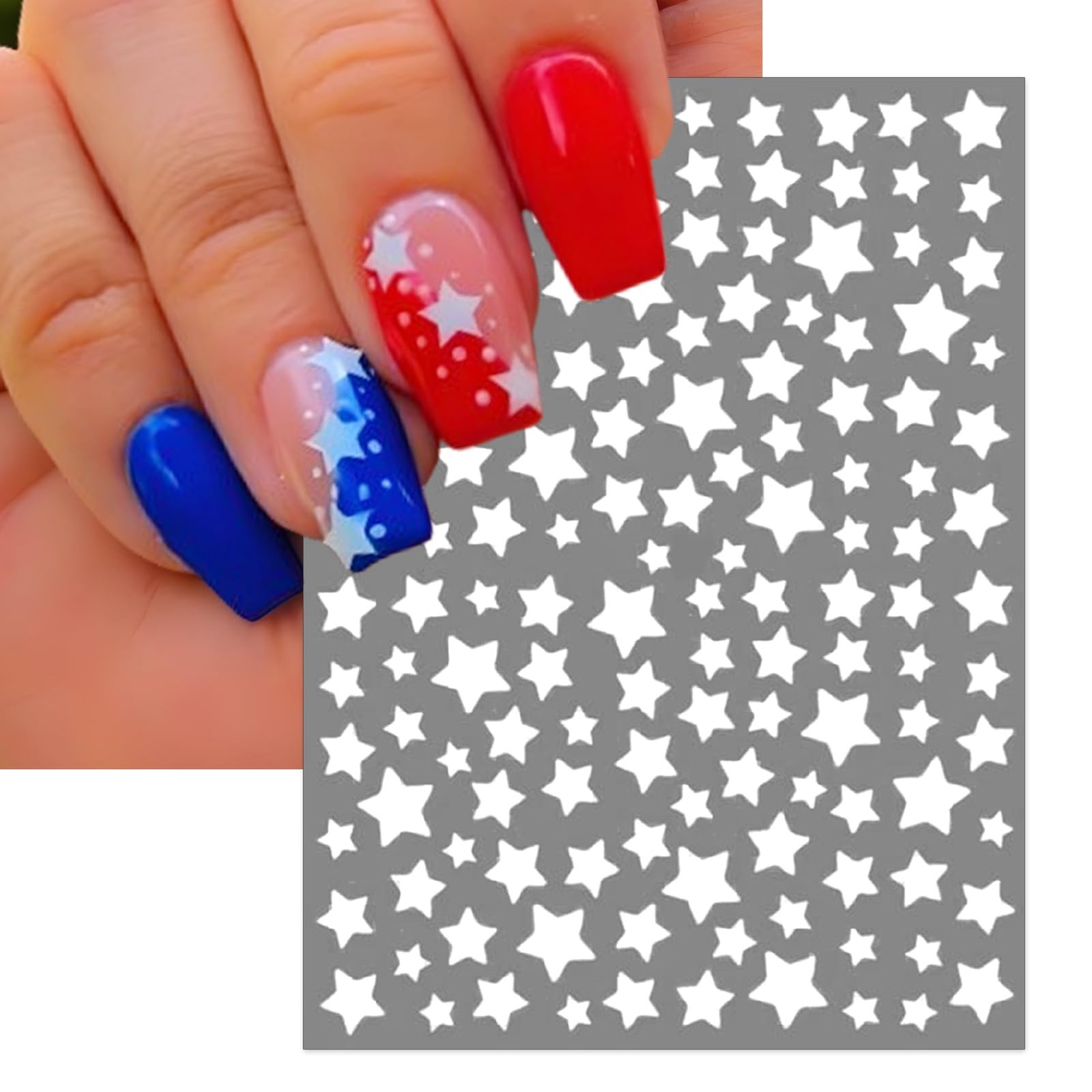 4th of July Nail Stickers, Glitter Red Blue White Star Independence Day Nail