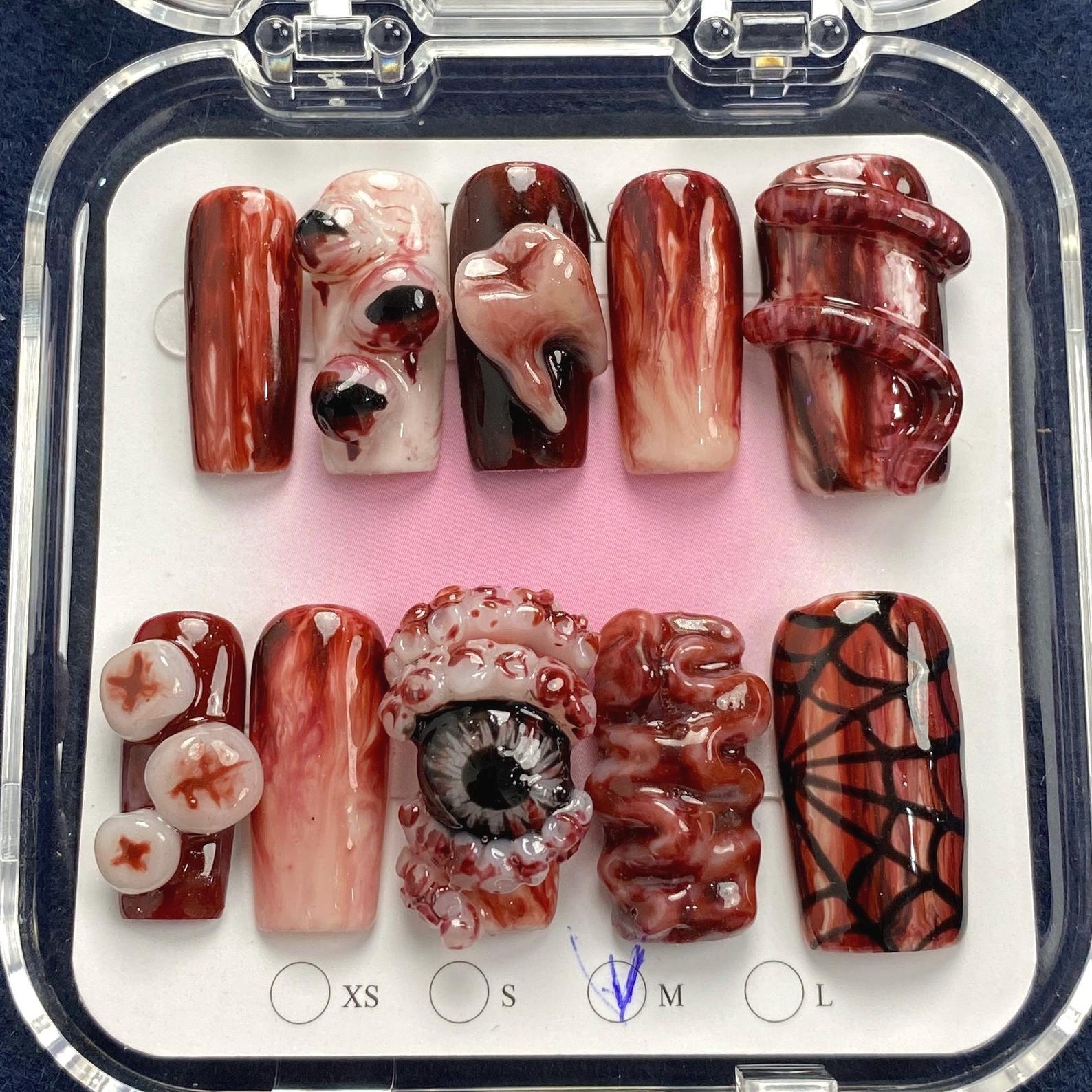 Custom Handmade Horror Bloody Halloween Eyeball Tooth Worm Square Press on Nails