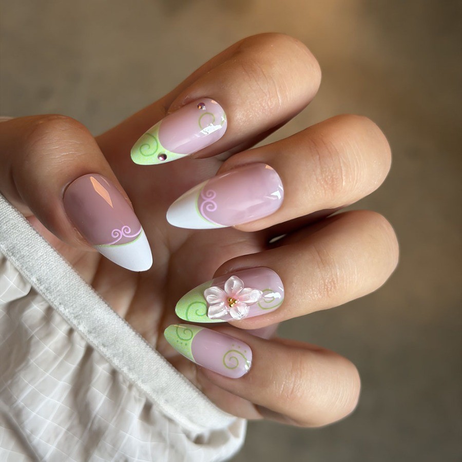 48Pcs-Long Almond Light Green French Cherry Blossom Rhinestone Press on Nails