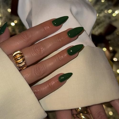 48Pcs Dark Green Press on Nails Almond Fake Nails Glue almond glossy dark green