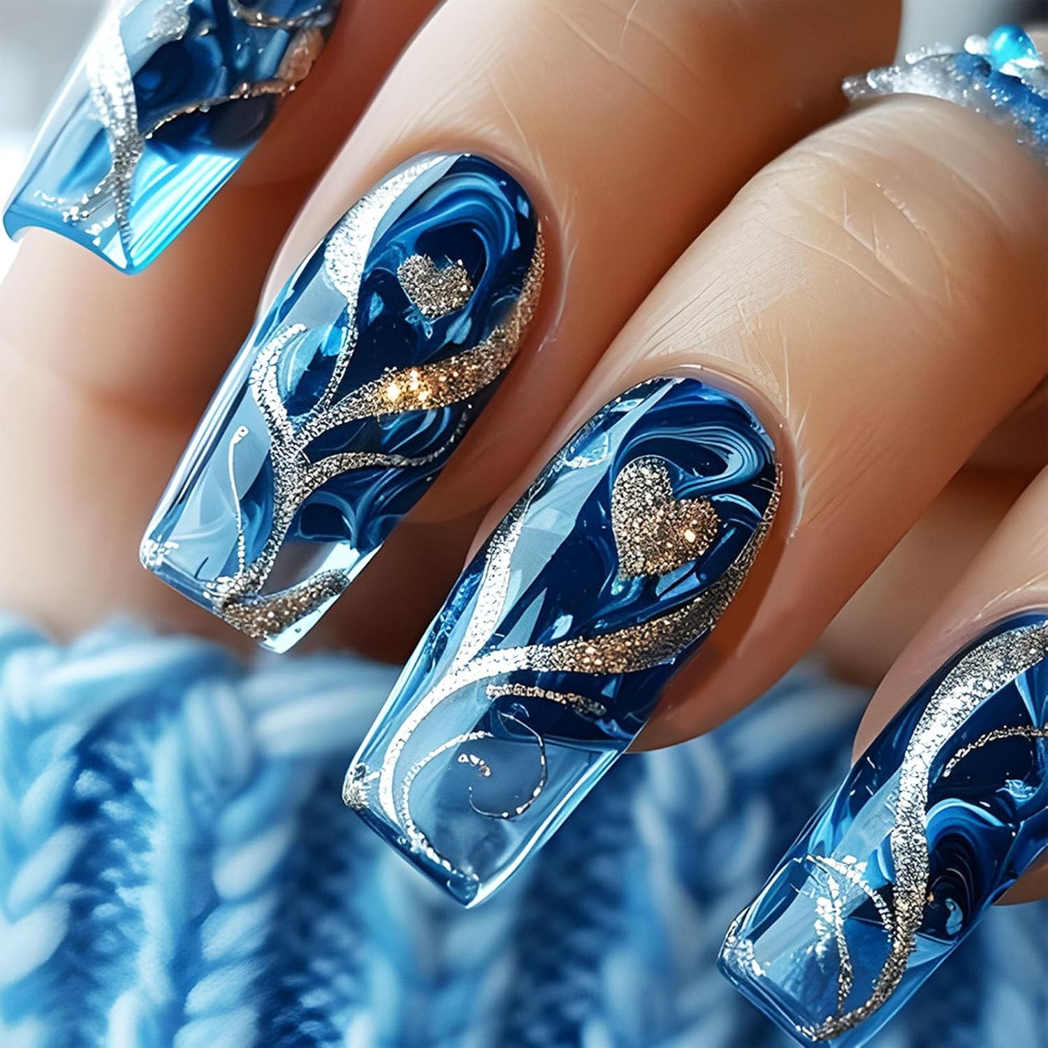 24Pcs Gold Curve Line Press On Nails, Acrylic Fake Nails, Glossy Blue Gradient