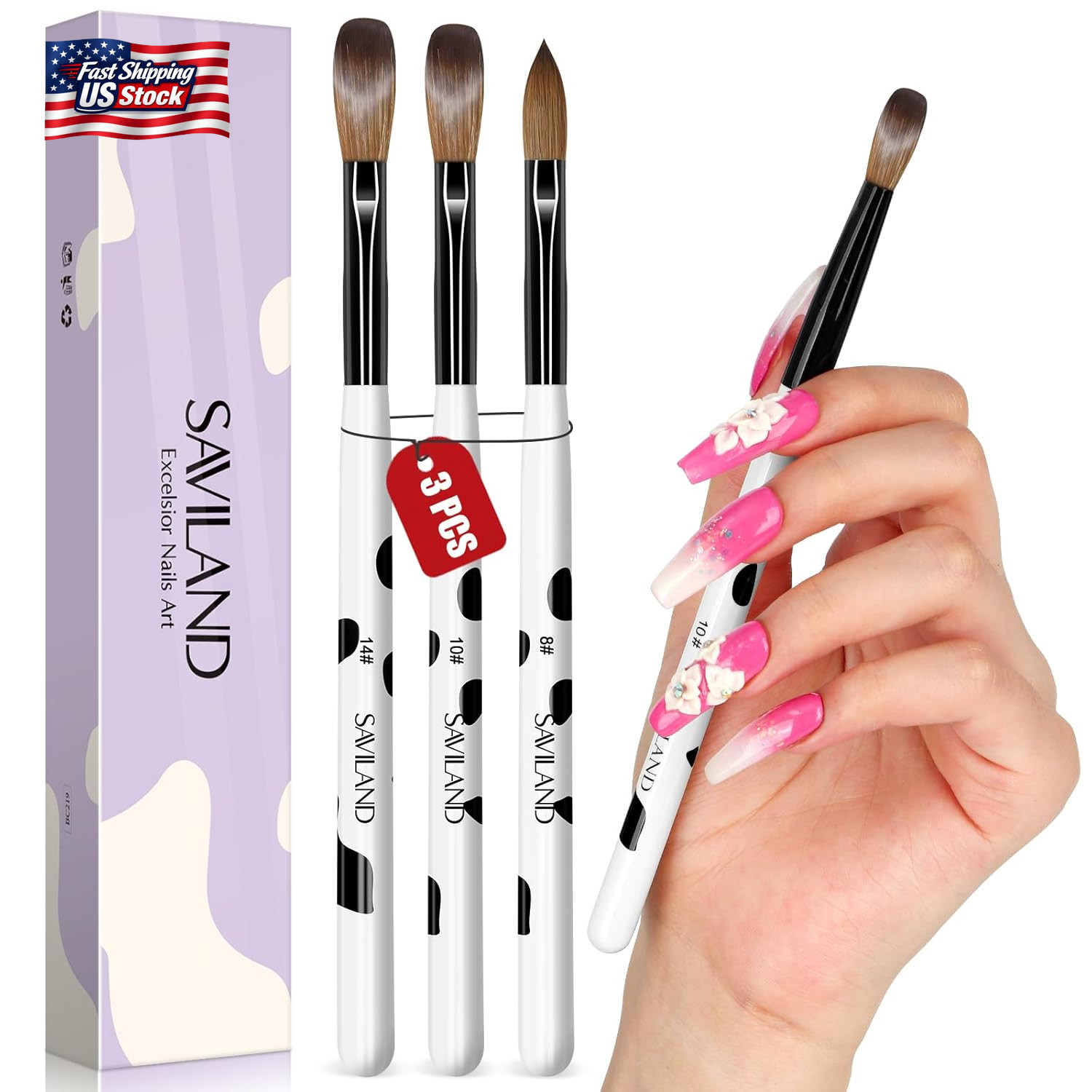 Saviland 3Pcs Acrylic Nail Brush Set, Size 8/10/14 Kolinsky Acrylic Nail Brushes