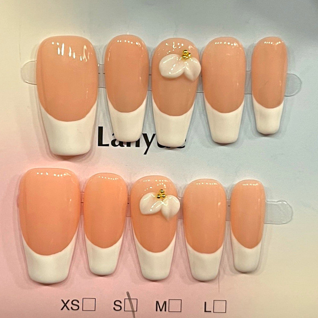 French Tip 3D Flower Acrylic Press-On Nails, Coffin SIZE SMALL✨SEE DISCRIPTION✨