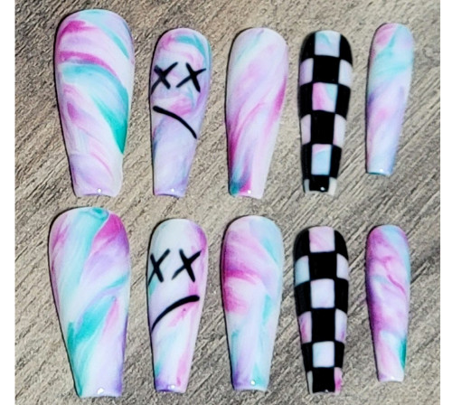 Handmade 90s y2k tye dye rainbow watercolor checker smiley face Press on nails