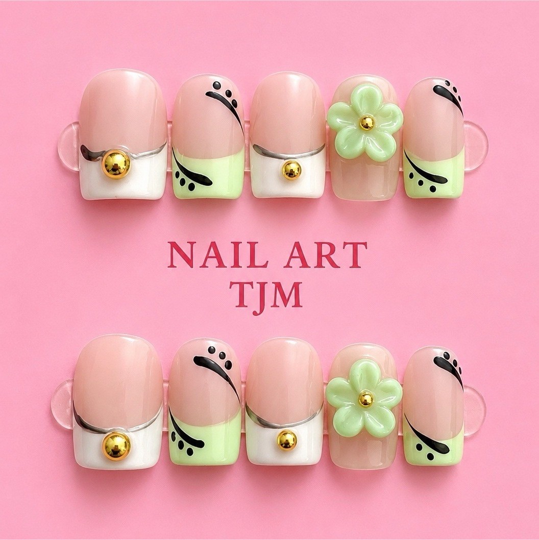 Short Square Press-On Nails Full Cover Pre-Designed Pink/White/Green Floral 3D