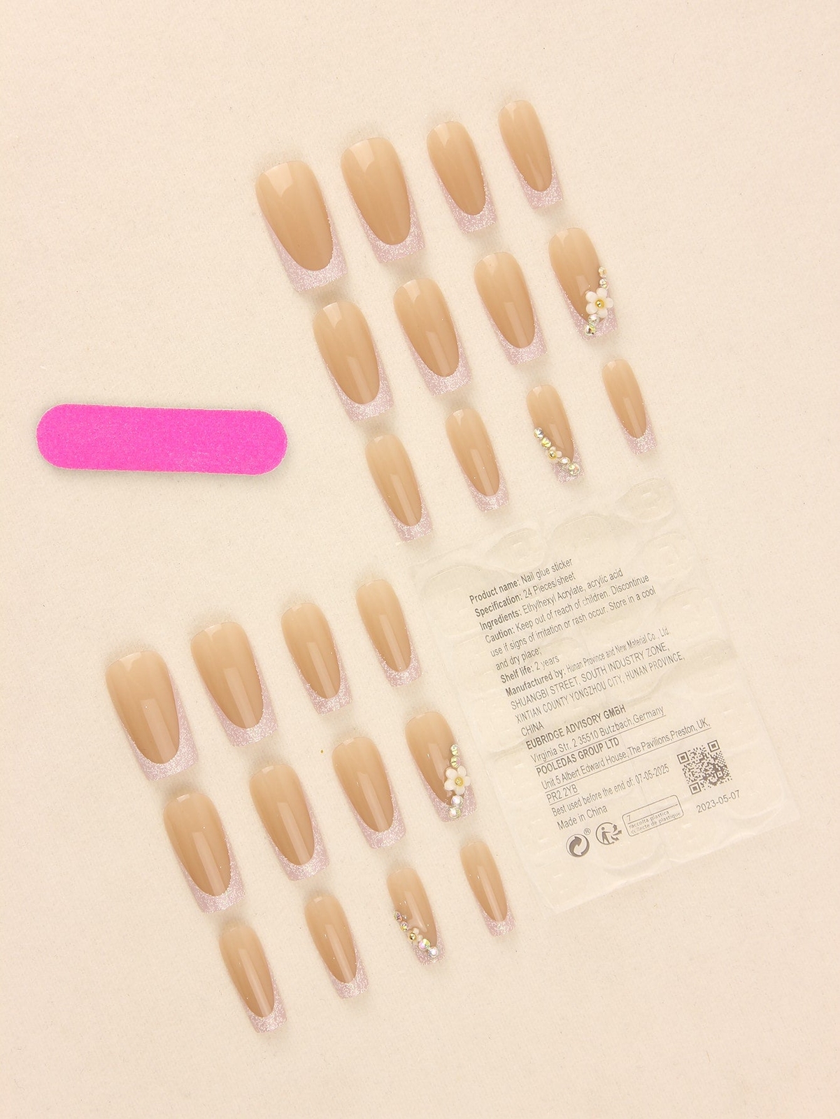 24pcs/set Long Coffin Flower Pink Glitter Fake Nails False Nails Press On Nails