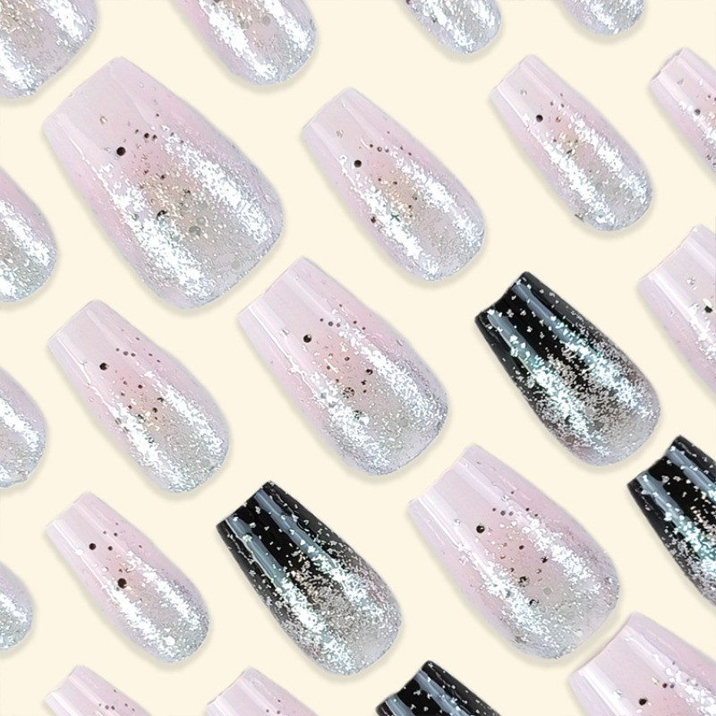 48pcs-Elegant Black & Silver Nails, Press on Coffin with Sparkly Ombre Effect