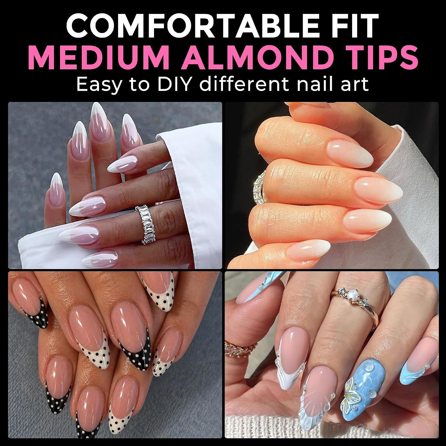 Almond Nail Tips Medium 216pcs X-Soft Gel Press On Nails | 12 Sizes Fake Nail…