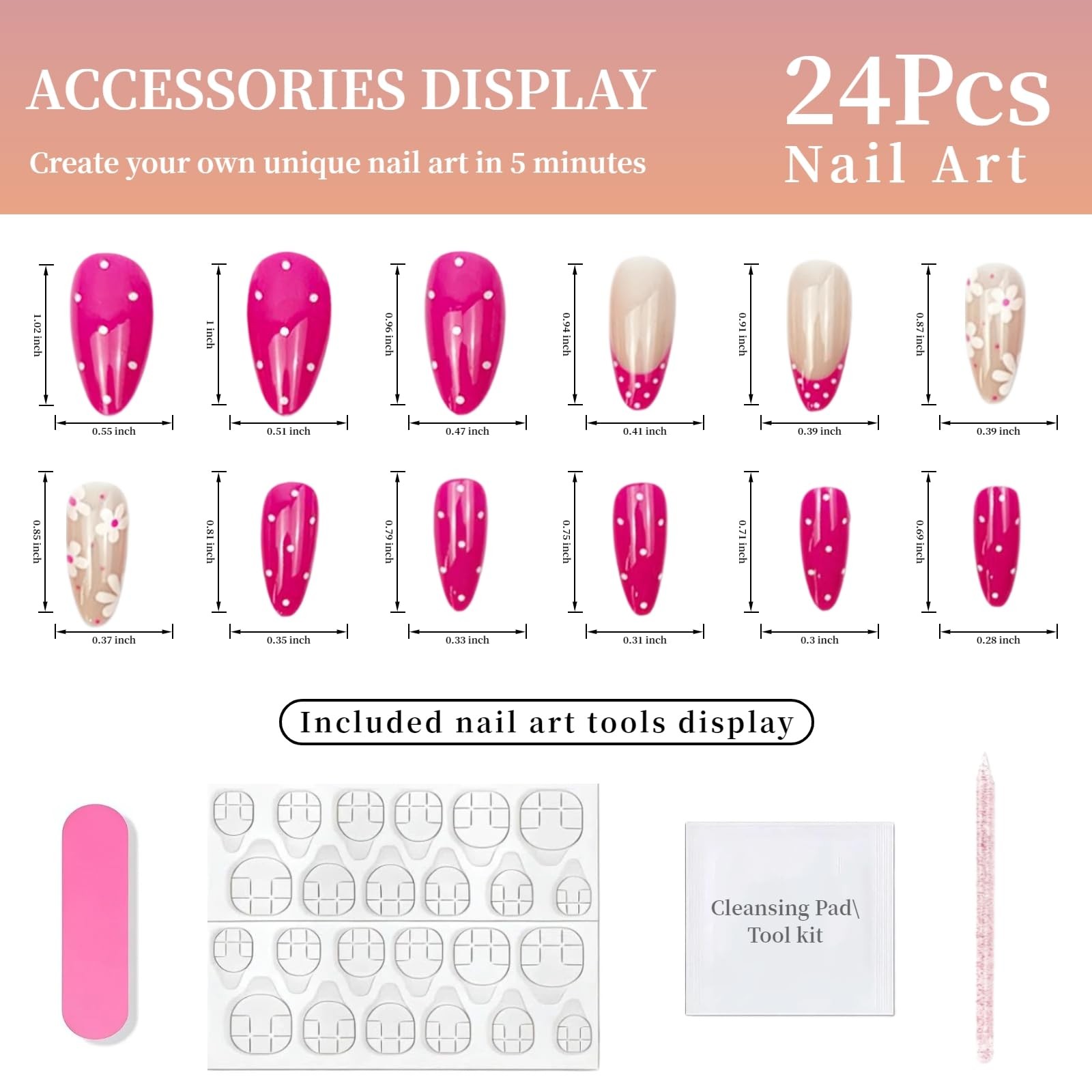 Tephrent Press on Nails Daisy Hot Pink French Tip