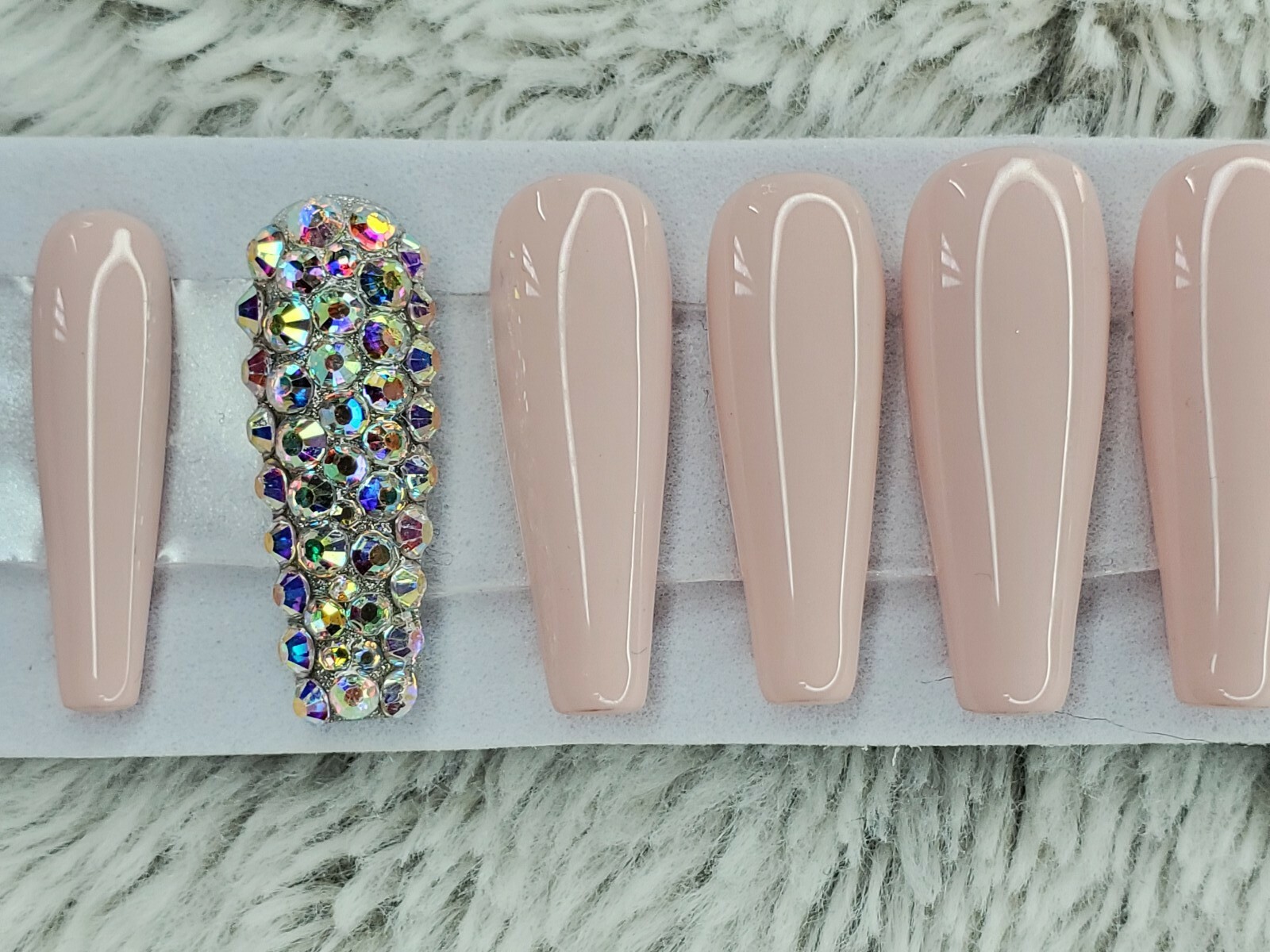Rosy Nude bling press on nails tan neutral nude peach long tapered ballerina