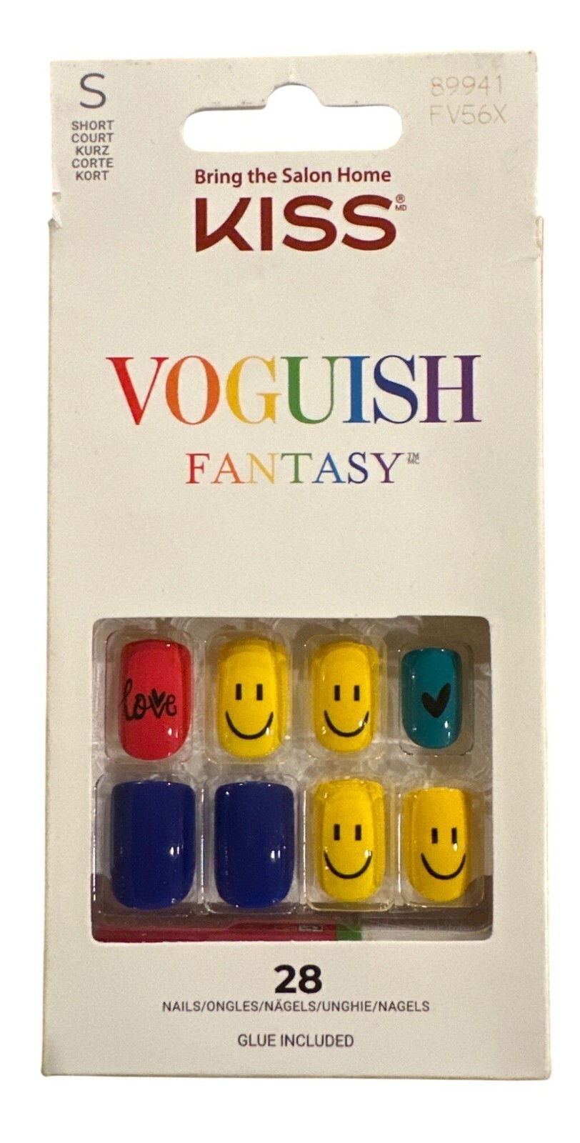 Kiss Vogueish Fantasy 28 Nail Short Square Shiny Yellow+Red+Blue Smiley Faces
