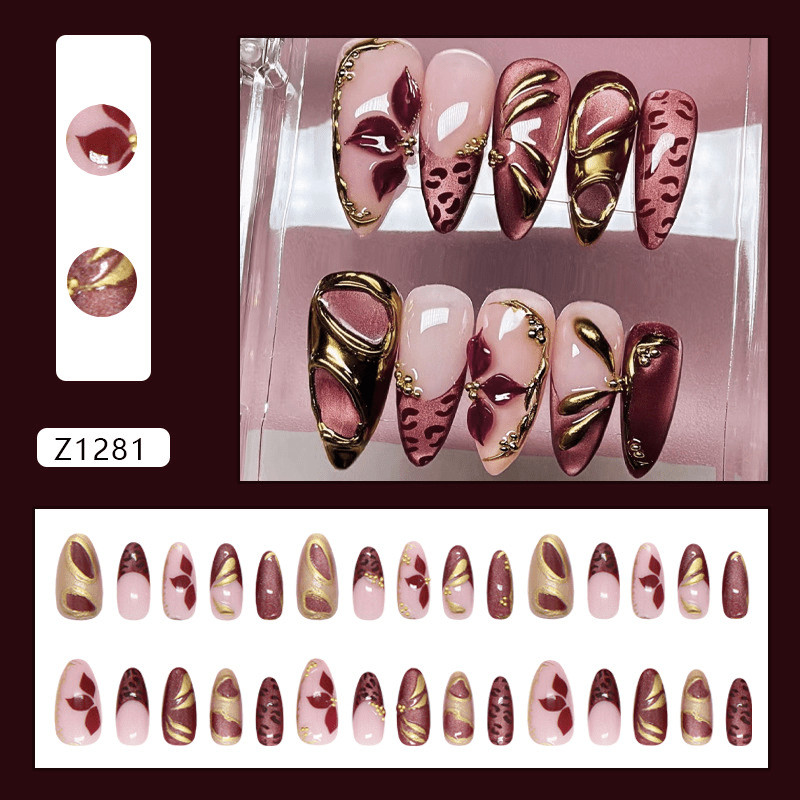 48pcs Wine Red Cat Eye Gold Foil Metal Nails, Retro Luxury Press on Nails