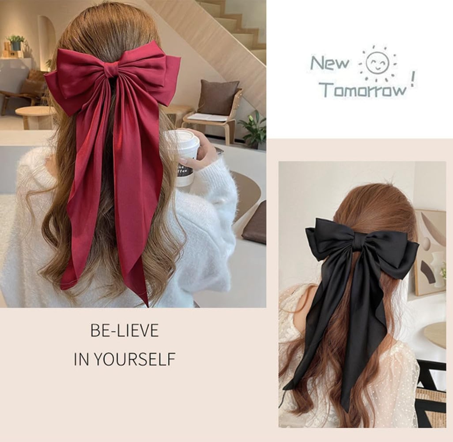 BetterJonny 6Pcs Satin Bow Hair Accessories for Girls, Women, and Teens, Long…