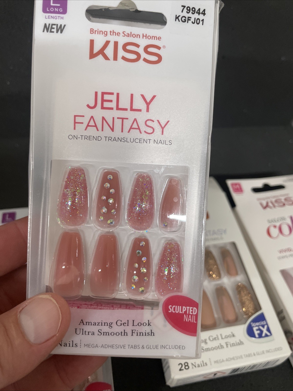 6 Kiss Glue-On Nails Lot Jelly Fantasy, Gel Fantasy, Glam Fantasy Long Med.