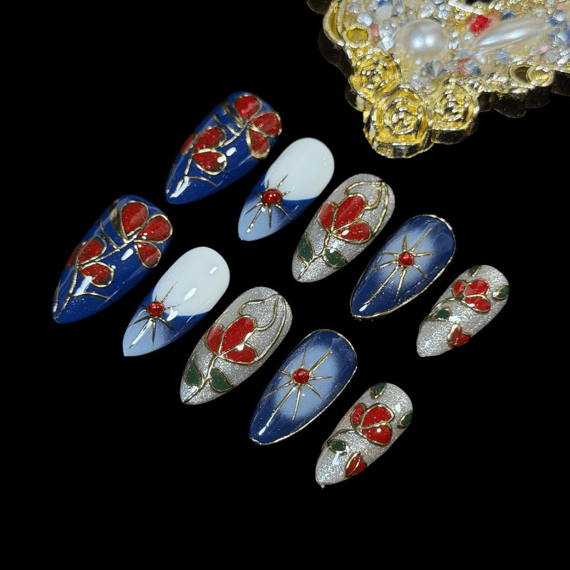 Handmade Floral Starburst Gold Press on Nails Medium Almond Blue Red Enamel Art