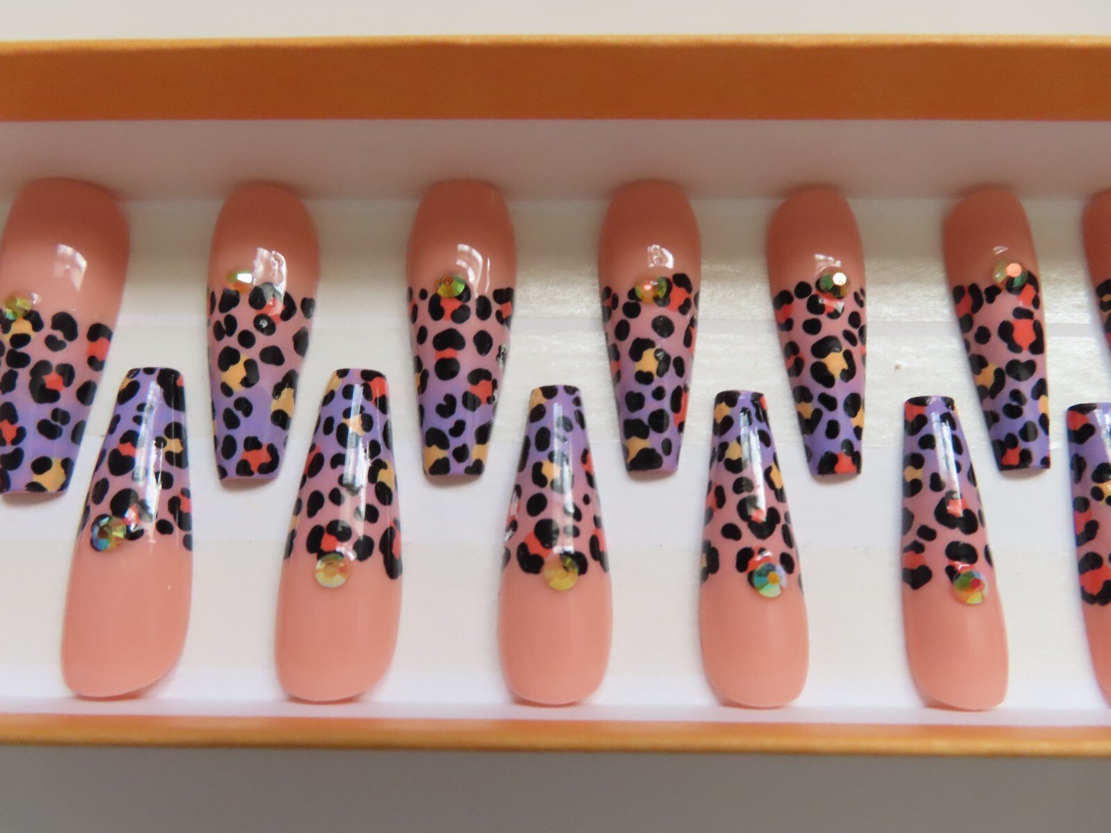 (2) Sets Purple Leopard Nude Tip | Pink Blk Abstract Coffin Press-On Nails