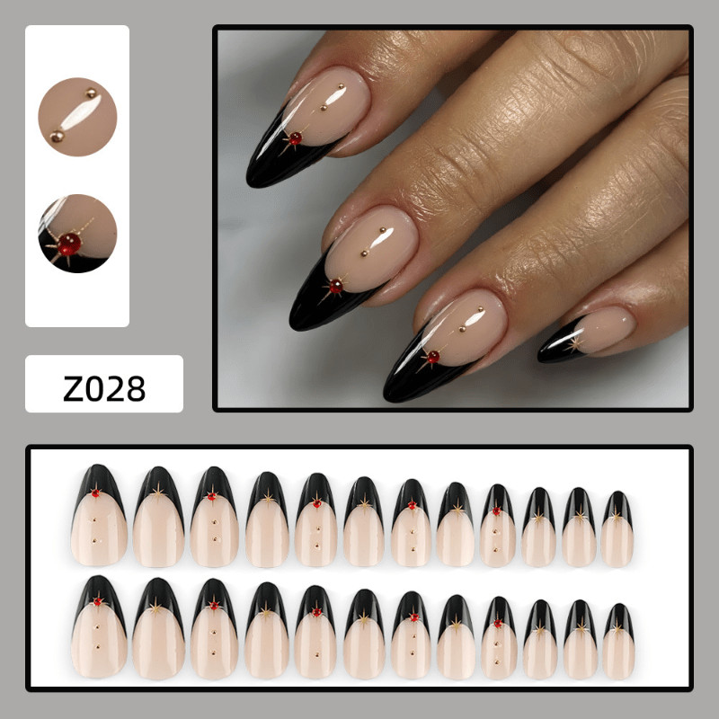 48Pcs-Halloween Long Almond Black French Gem Press on Nails Nude Fake Nails