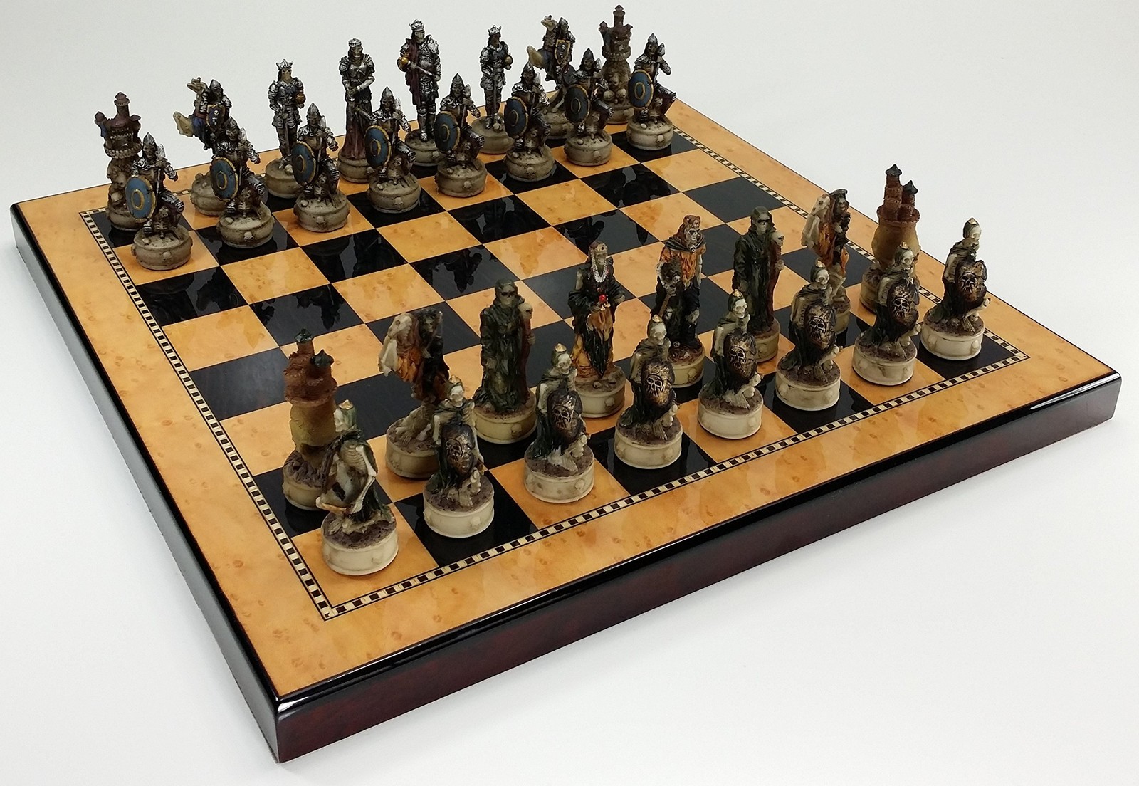 Skeleton Slayer Gothic Skull Chess Set W/High Gloss Dark Walnut & Birdseye…