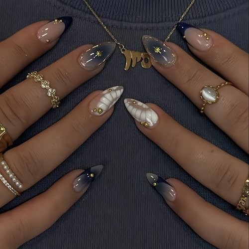 24Pcs Ombre Blue Press on Nails Medium Almond Fake Nails with Rhinestones