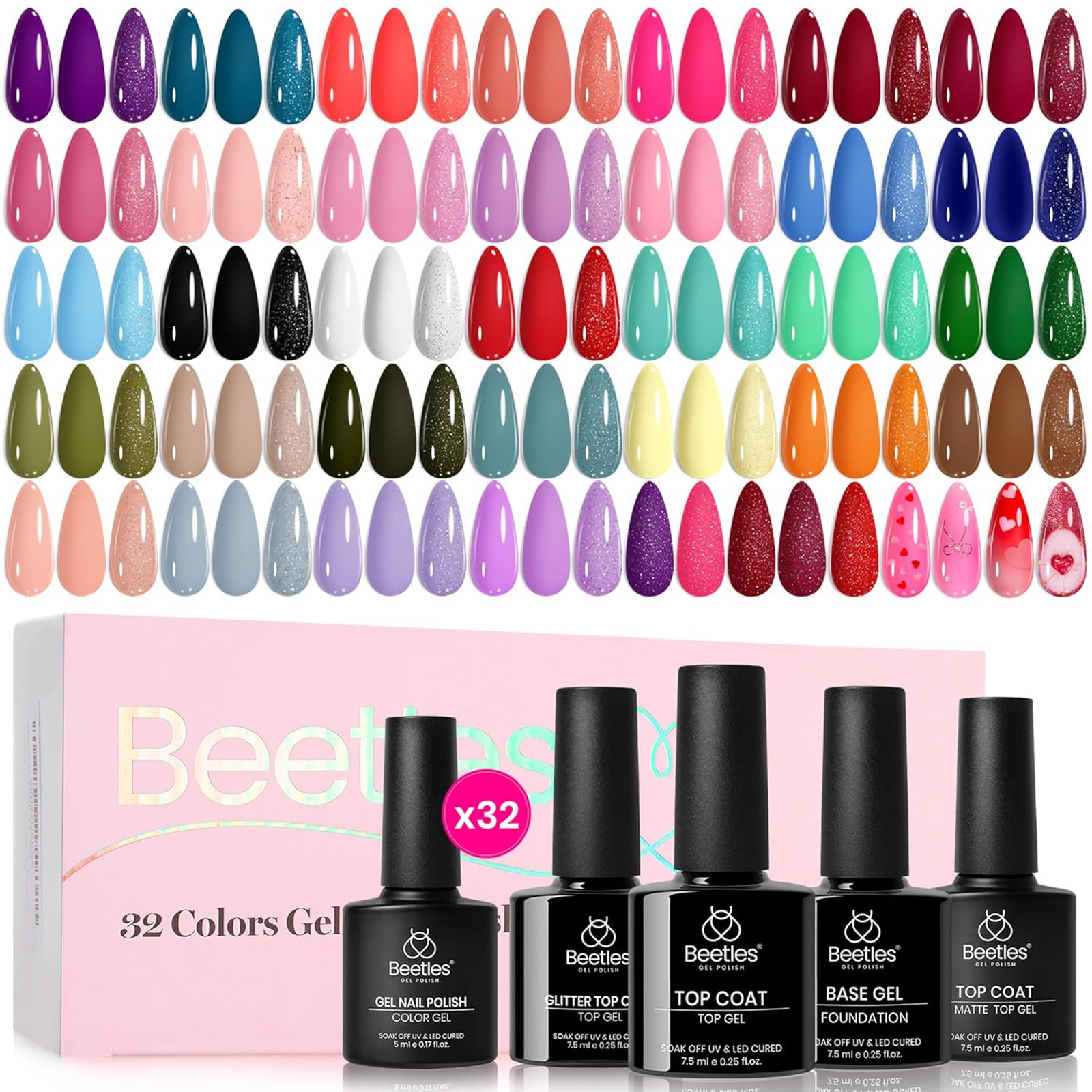 Beetles Gel Nail Polish Set Fingertip Palette Collection 32 Colors Base Top Coat