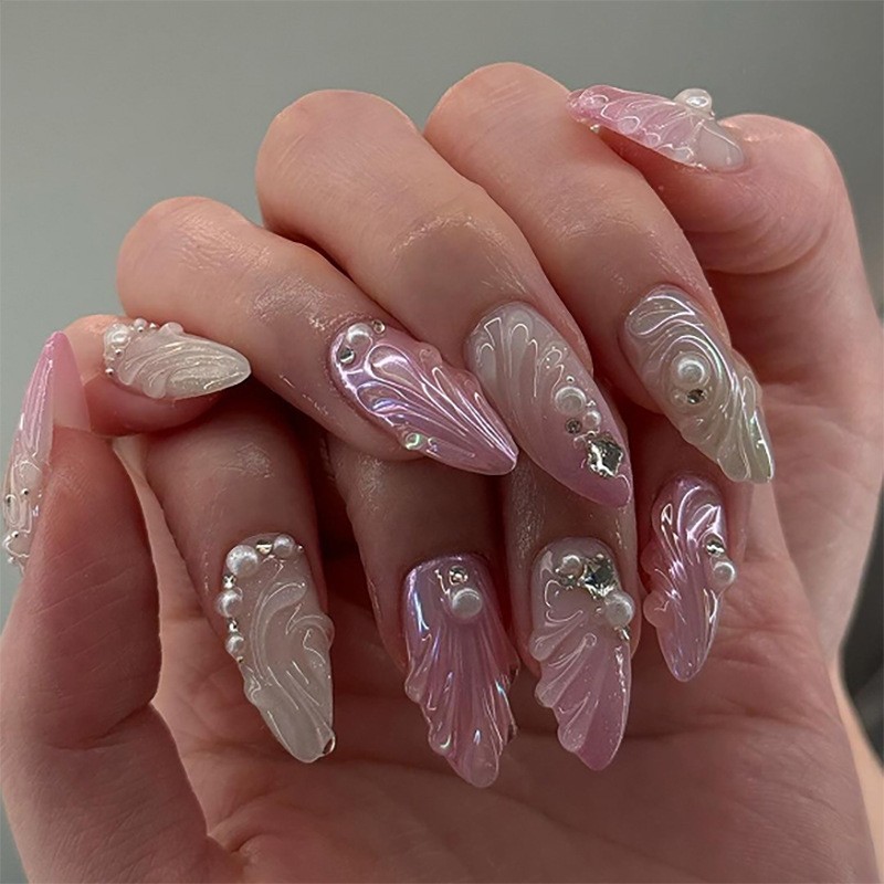 24pcs White and Pink 3D Shiny Shell Design Press on Nails, Medium Almond Shape