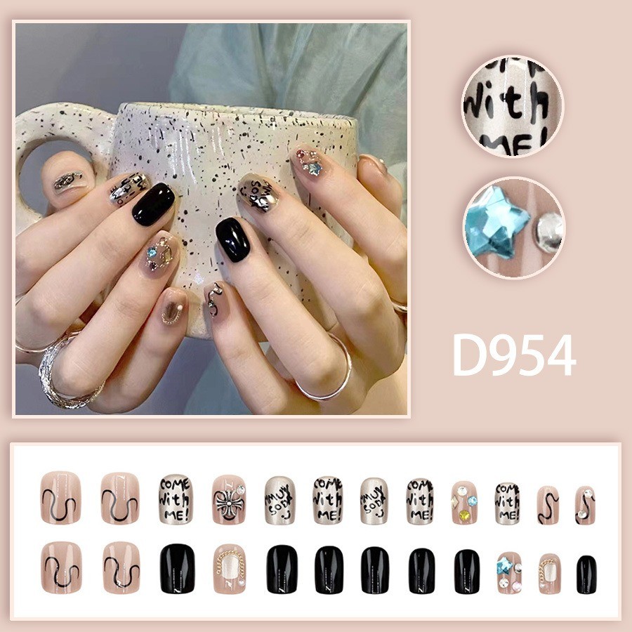 48Pcs Letter Rhinestone Press on Nails,Short Square Black Nude Trendy Fake Nails