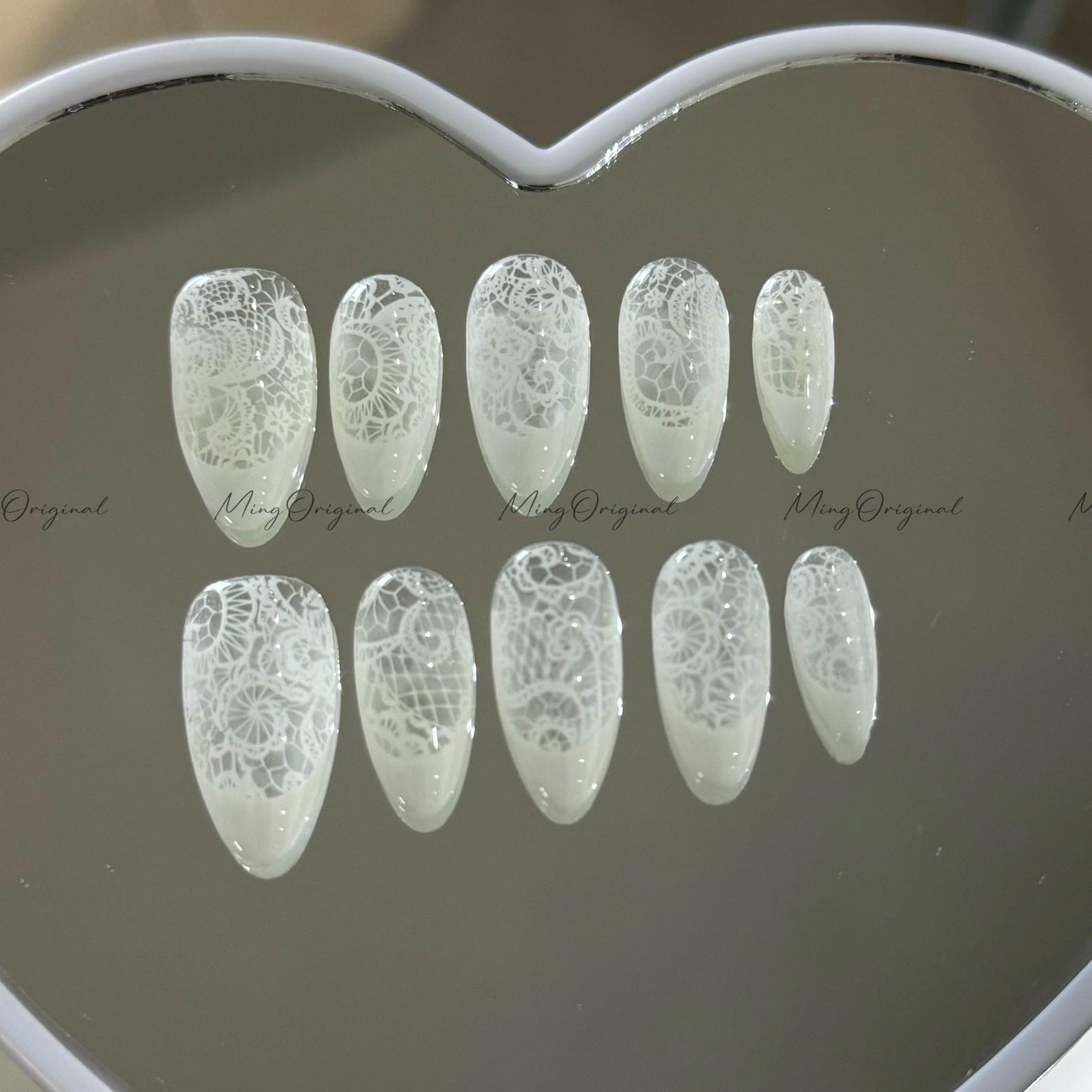 Handmade White Lace Sheer Medium Almond Press on Nails