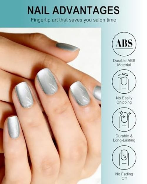 Short Square Press on Nails with Tools Kit, Blue Cat Eye 04# Teal Cat Eye