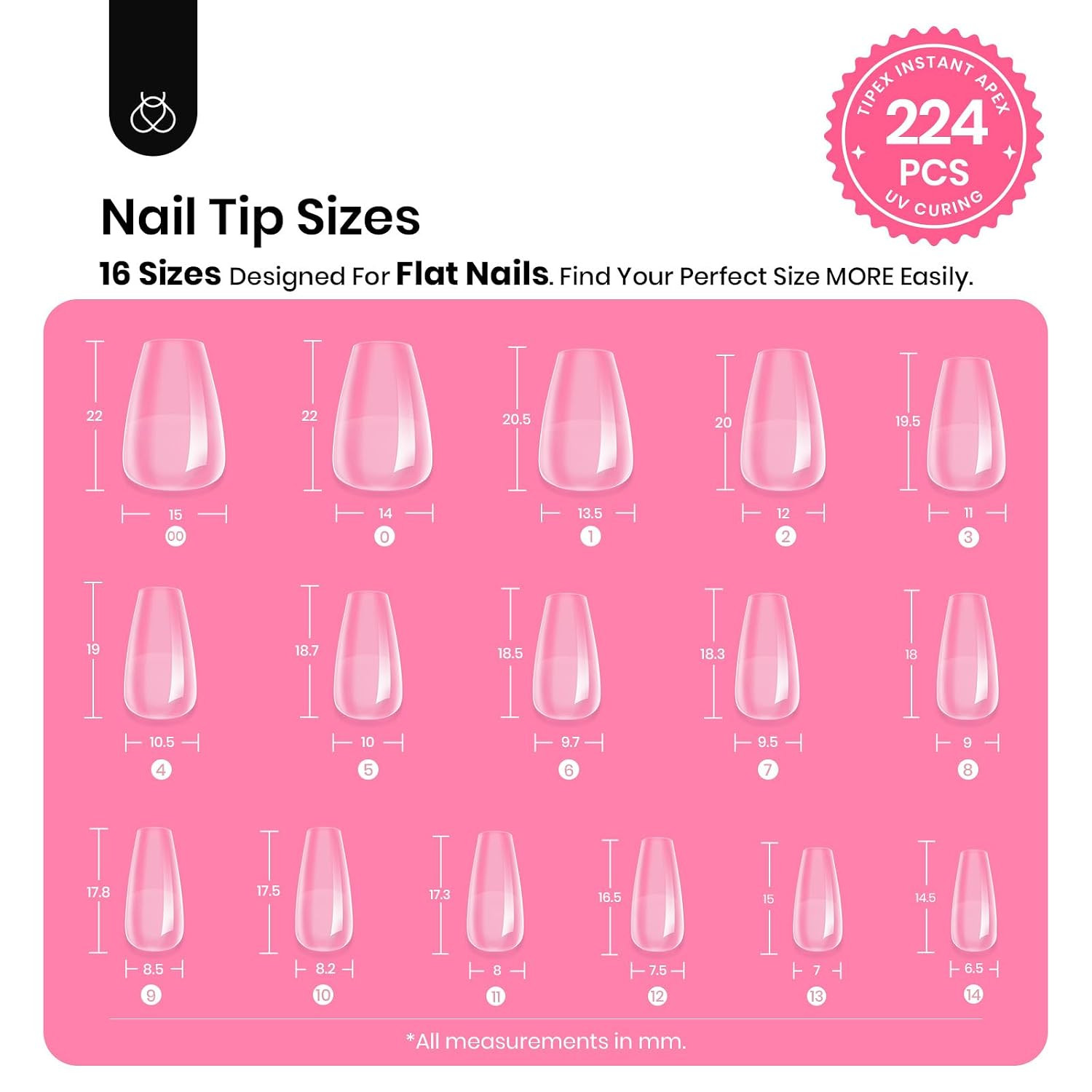 Tipex Instant Apex Nail Tips Kit, Short Coffin, 224Pcs 16 Sizes | No Builder Gel