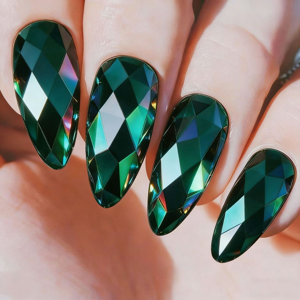 24pcs 3D Rhombus Press-On Nails, Electroplated Almond Fake Tips for Women