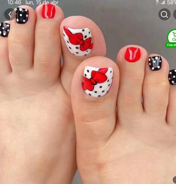 New Press On Toe Nails 24pc Set Red Bows And Dots On Box