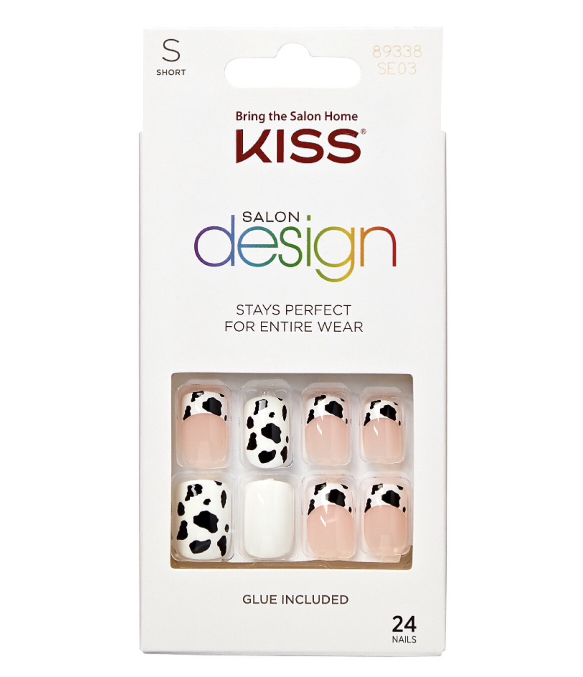 KISS Salon Design Cow Print French Manicure Short Length Glue On Nails SE03