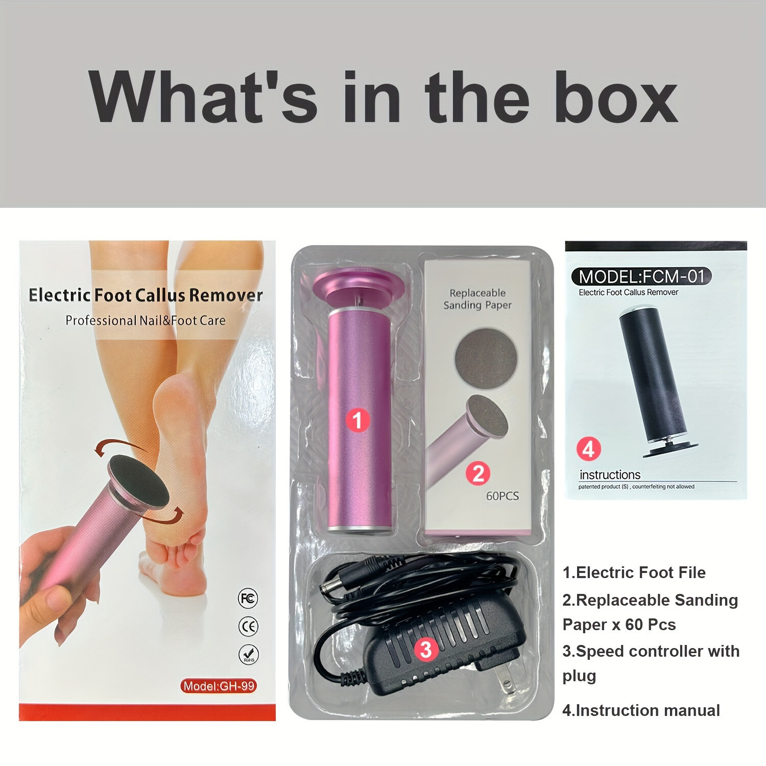 60 pieces Electric Foot Grinder with Adjustable Speed-60 Sandpaper Sheets