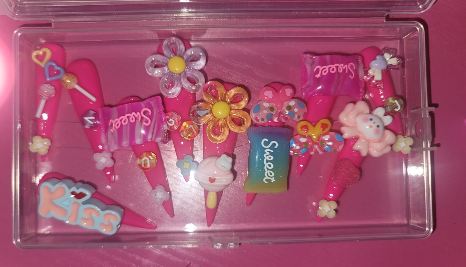 PINK FRIDAY STILETTO EXTRA LONG SUPER CUTE CHARMS 10 PIECE GLUE ON FAKE NAILS