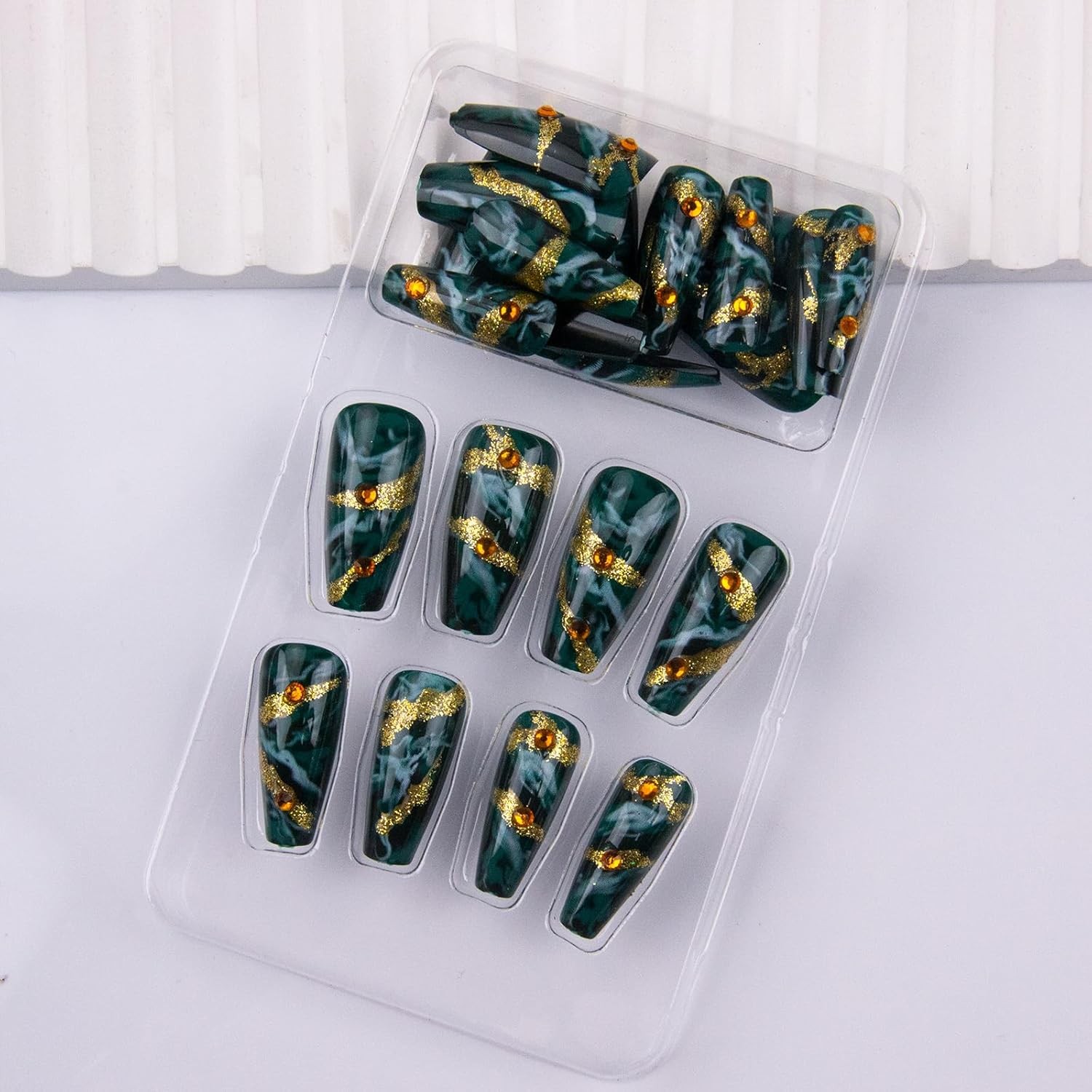 Green Press on Nails Medium Coffin Fake Nails Dark Green Marble False Nails Gold